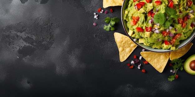 Nachos au guacamole sur fond de béton gris Cuisine mexicaine Vue de dessus à plat la Generative AI