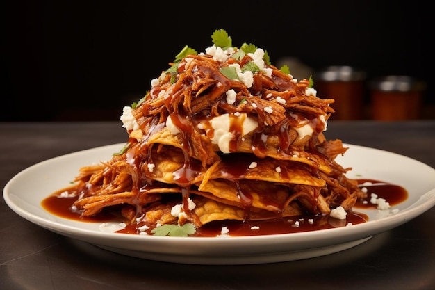 Nachos au poulet épicé Tinga avec des haricots frits