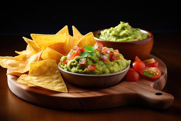 Nachos chips avec du guacamole et de la salsa dans une assiette