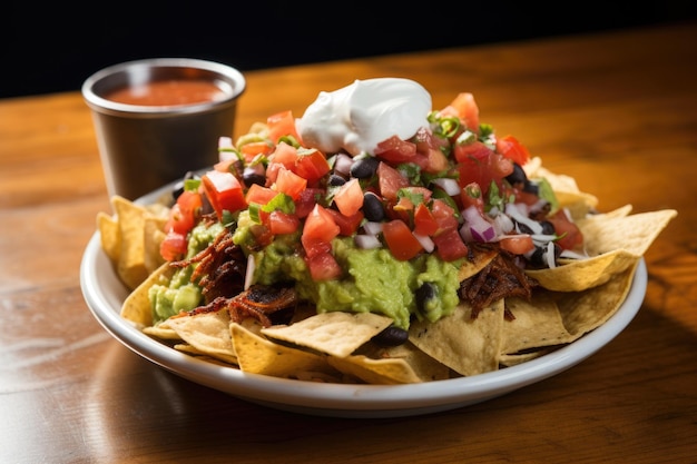 Nachos avec un côté de salsa guacamole et de crème aigre