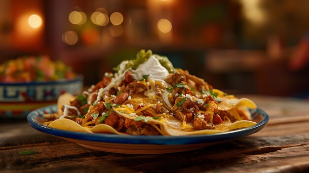 Des nachos délicieux avec de la salsa de guacamole et du fromage fondu