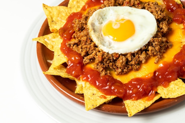 Nachos de maïs avec boeuf haché frit avec sauce piquante et un œuf au plat sur un fond en bois.