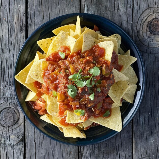 Des nachos mexicains avec de la sauce tomate épicée sur fond de bois