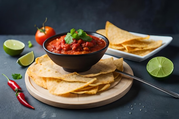 Nachos avec salsa et avocat sur une planche de bois