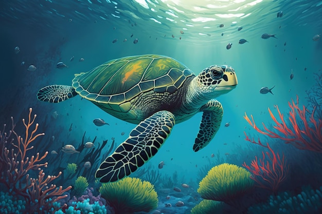 Nager dans l'eau bleue avec une tortue de mer Jolie tortue de mer nageant dans une image d'eau claire tropicale