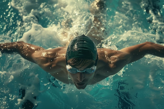 Un nageur de compétition effectuant un coup de papillon dans la piscine