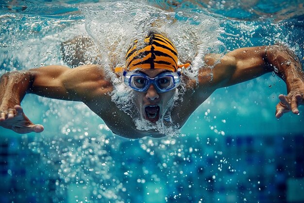 Nageur masculin avec des lunettes de protection et une casquette nageant dans une piscine avec des éclaboussures d'eau