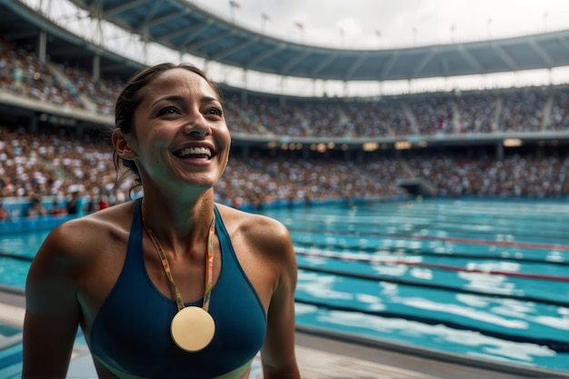 Nageur avec une médaille d'or au stade après sa victoire aux Jeux olympiques de Paris 2024