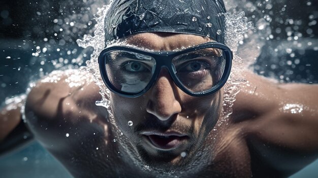 Un nageur portant des lunettes et un bonnet nage dans l'eau.