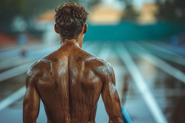 Un nageur réfléchit au bord d'une piscine