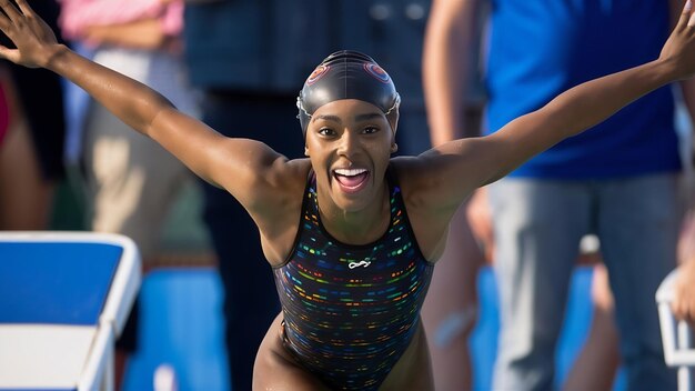 Une nageuse de peau sombre joyeuse porte un maillot de bain noir.