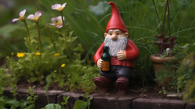 Photo nain de jardin buvant une bière