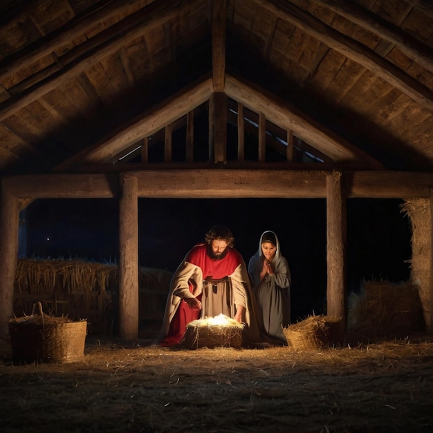 La naissance du Christ dans une écurie nocturne