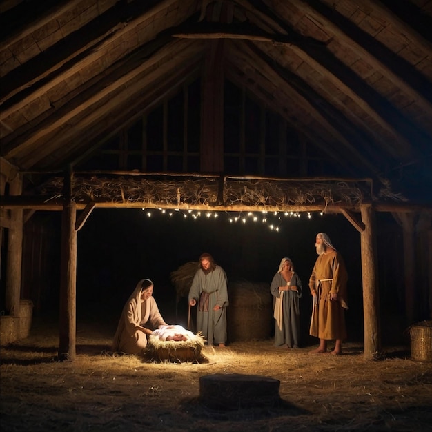 La naissance du Christ dans une écurie nocturne