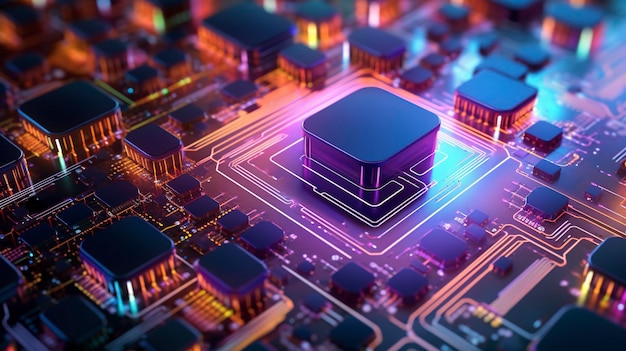 Photo des nano-transistors abstraits colorés avec des lumières à chaque coin