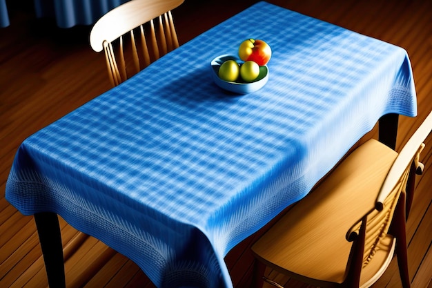 nappe bleue sur table en bois vue de dessus