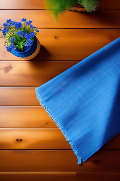 nappe bleue sur table en bois vue de dessus