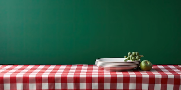 la nappe à carreaux rouges et blancs est sur un mur vert dans le style d'une nature morte minimaliste