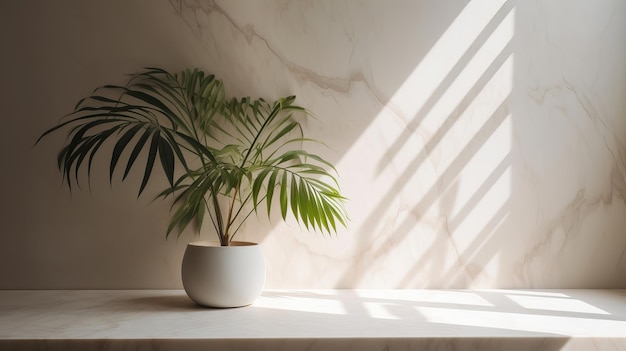 Nappe en coton beige déconnectée sur la table de comptoir arbre dracaena tropical au soleil sur l'établissement de diviseur blanc généré par l'IA