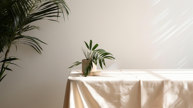 Nappe en coton beige délicate sur table de comptoir arbre dracaena tropical à la lumière du jour sur une fondation de séparation blanche générée par l'IA