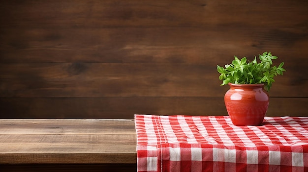 Photo nappe de cuisine à carreaux rouges et blancs sur table en bois avec plante