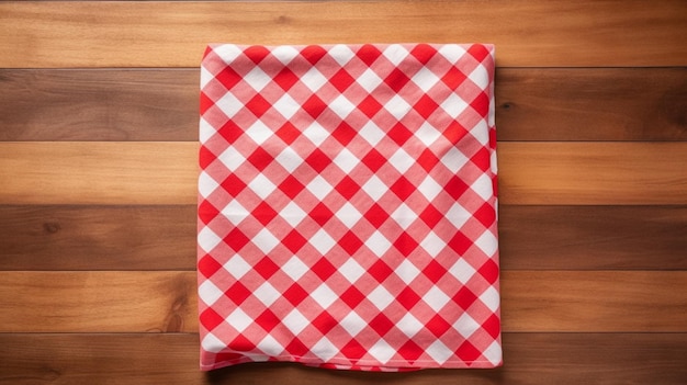 Une nappe de cuisine à carreaux rouges sur une table en bois