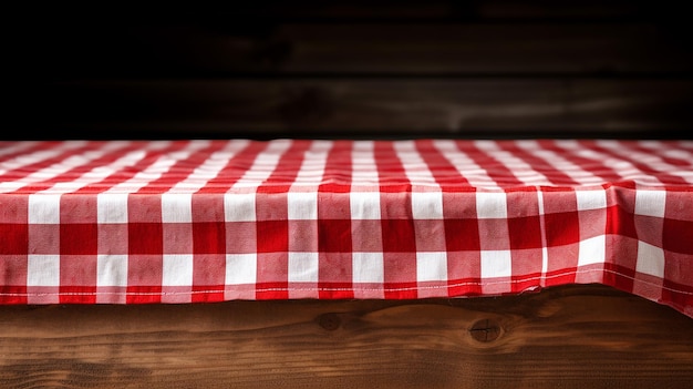 nappe de cuisine à carreaux rouges sur table en bois