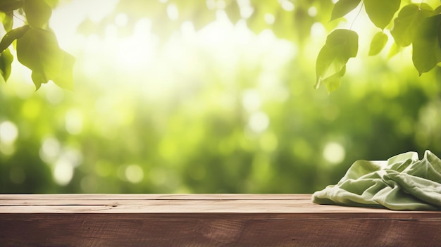 Nappe sur table en bois flou modèle de présentation de produit fond vert