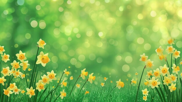 Des narcises au soleil, des fleurs dans une prairie de printemps verte sur un fond brouillé