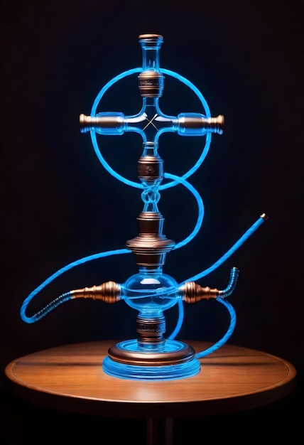 Un narguilé avec une tige en bois et une base en verre transparent éclairée par une lumière bleue au néon