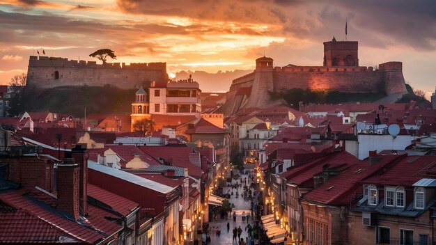 Photo narikala et la vieille ville au coucher du soleil à tbilissi, en géorgie