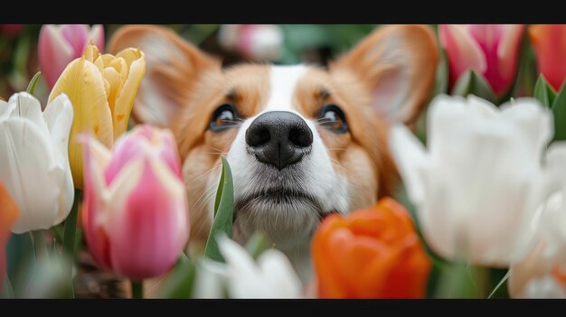 Nas noir de Welsh corgi pembrok chien drôle au printemps fleurs roses blanches et jaunes tulipes printemps et été floraison et saison des allergies photo de haute qualité