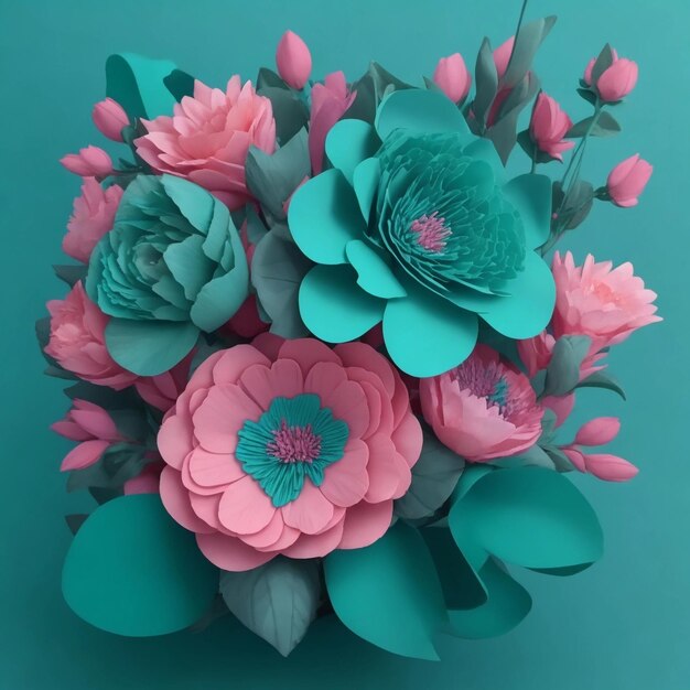 Nature 3d teal couleur rose bouquet floral fond décoration de plantes romantique générative ai