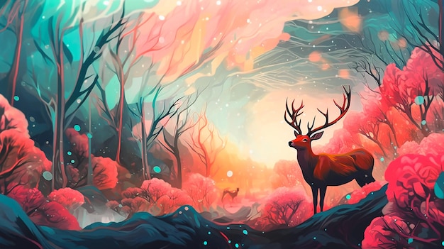 nature abstraite fond illustration art avec des arbres rouges forêt et cerf