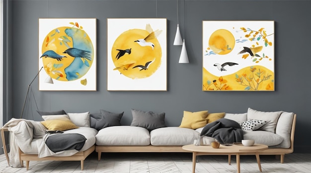 Nature abstraite de vecteur et oiseaux soleil jaune art aquarelle peinture murale affiches et impressions scandina