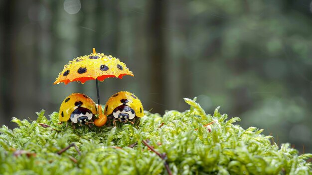 Photo la nature capricieuse les petites coccinelles armées de parapluies se promènent dans l'herbe