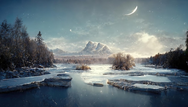 Nature avec conifères glace sur la rivière rochers enneigés lune et étoiles dans le ciel