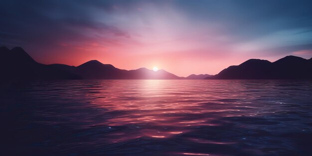 Nature coucher de soleil en plein air sur le lac mer avec des montagnes collines paysage arrière-plan