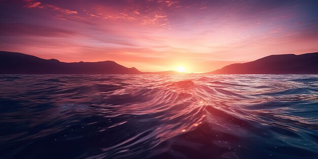 Nature coucher de soleil en plein air sur le lac mer avec des montagnes collines paysage arrière-plan