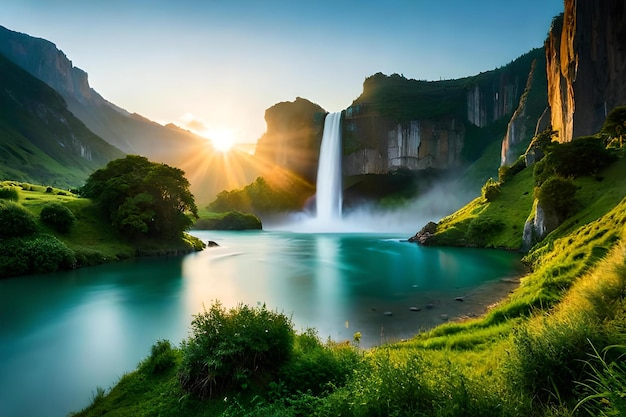 Une nature à couper le souffle, une cascade, une forêt verte, un lever de soleil, un ciel serein, de l'eau, une IA générative.