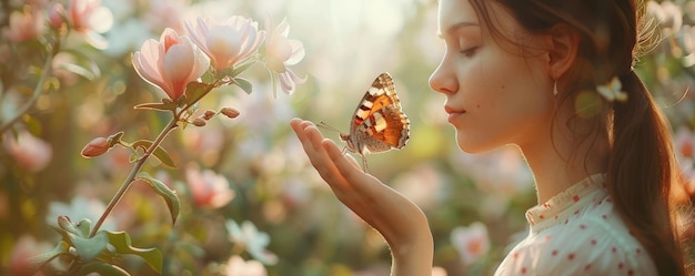 La nature danse délicatement Une femme observe un papillon dans un jardin de printemps vibrant