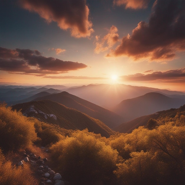 La nature du sommet de la montagne dans le fond du coucher de soleil