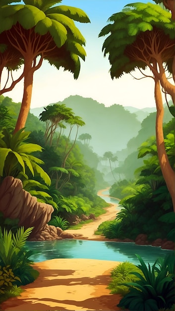 Nature et forêt verte verticale avec route de randonnée et ciel pour fond de dessin animé Ai généré 2