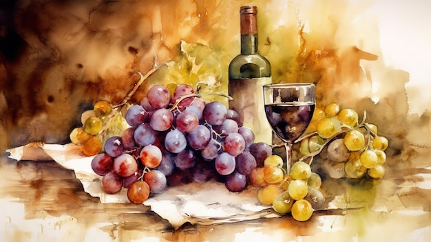 Nature morte à l'aquarelle pittoresque avec une bouteille de vin, un verre et des raisins générés ai