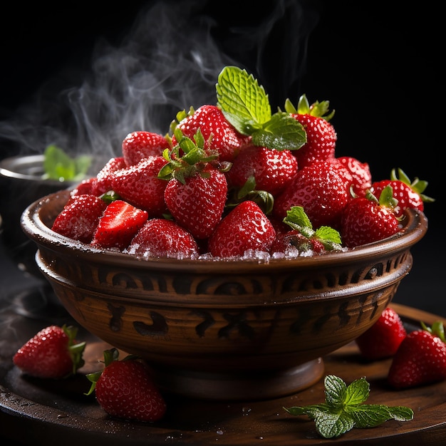 Nature morte artistique de fraises dans un bol en bois