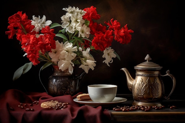 Nature morte au café et aux fleurs Ai génératif