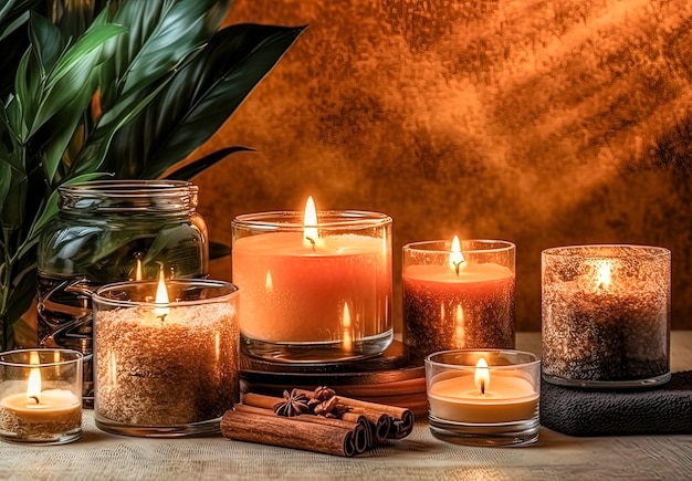 Nature morte au spa avec des bougies aromatiques et des fleurs sur un fond en bois