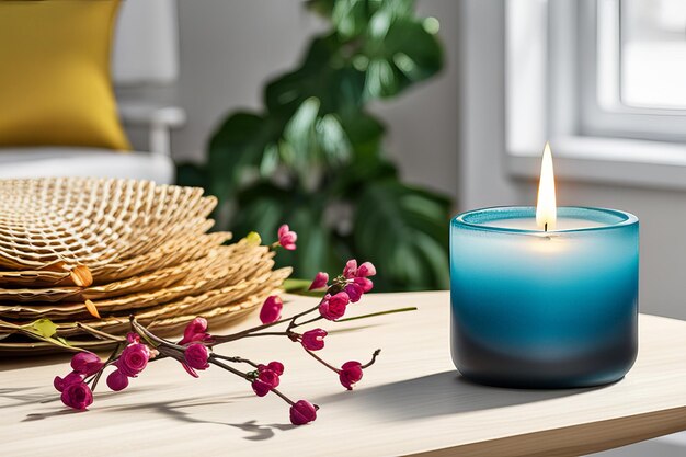 Nature morte au spa avec des bougies aromatiques et des fleurs sur un fond en bois