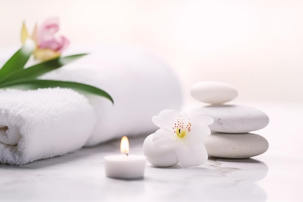 Nature morte au spa de serviettes blanches, bougies et fleurs dans un cadre de spa zen pour promouvoir le bien-être relaxant et les soins personnels sains