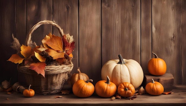 Nature morte d'automne avec des citrouilles sur fond de bois